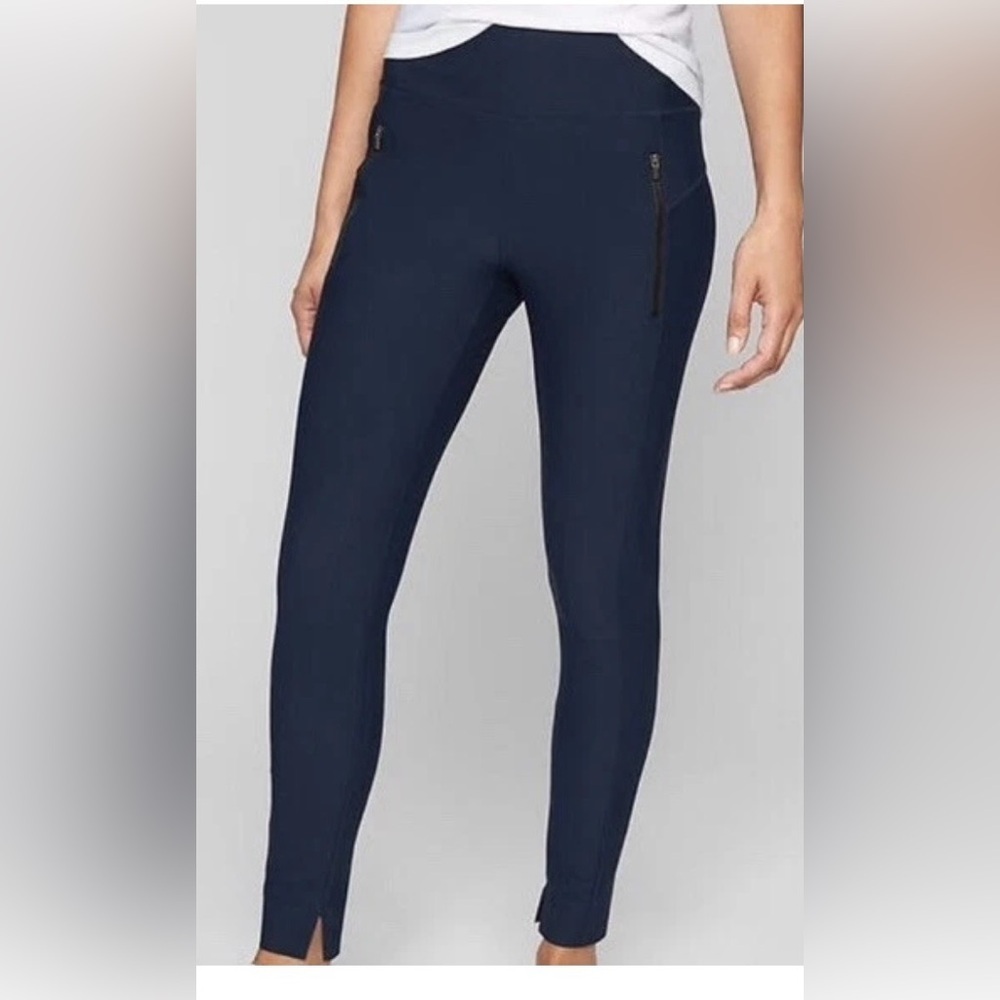 Athleta Stellar Tights Pull on Pants Navy Blue Side Black Zippers Size S
Q1